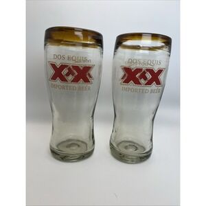 Dos Equis XX Imported Beer Glasses Set 2 Hand Blown Amber Brown Rim Mexican Pub